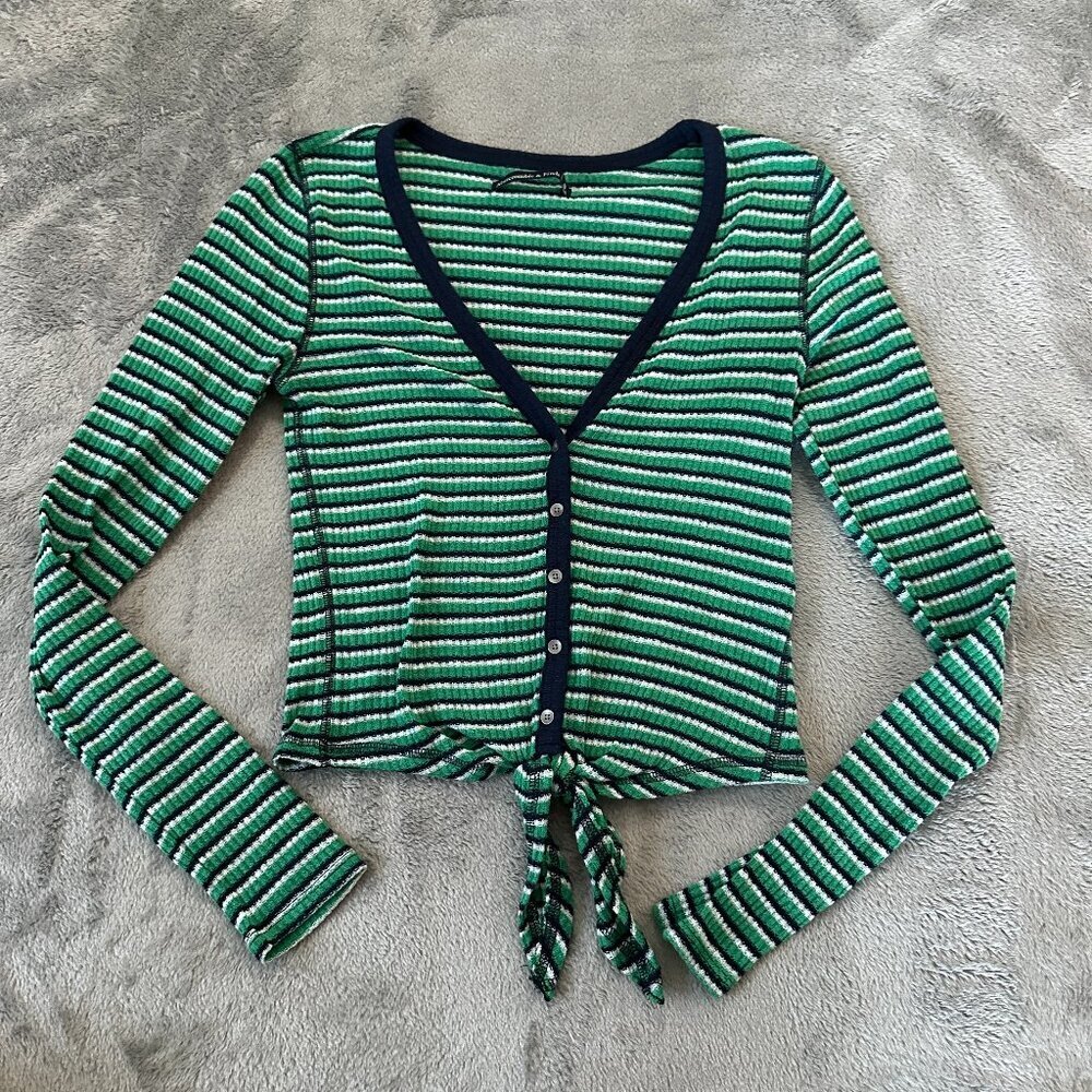 Abercrombie & Fitch Navy Green Ribbed Tie Front Long Sleeve Top SMALL Shirt